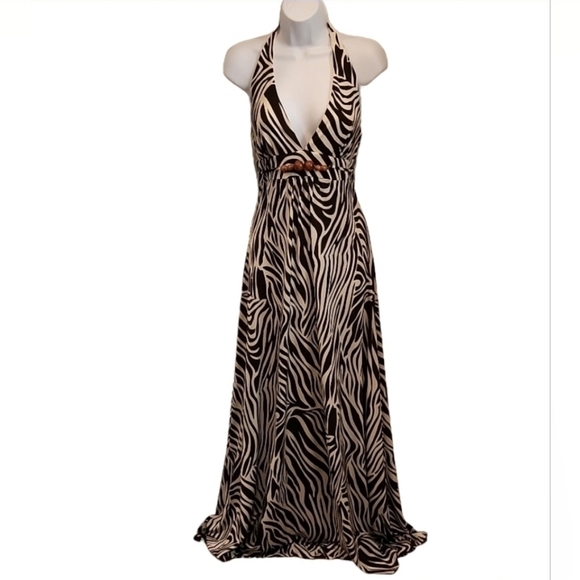 ruby Rox Zebra Print Halter Maxi Dress - Picture 1 of 6